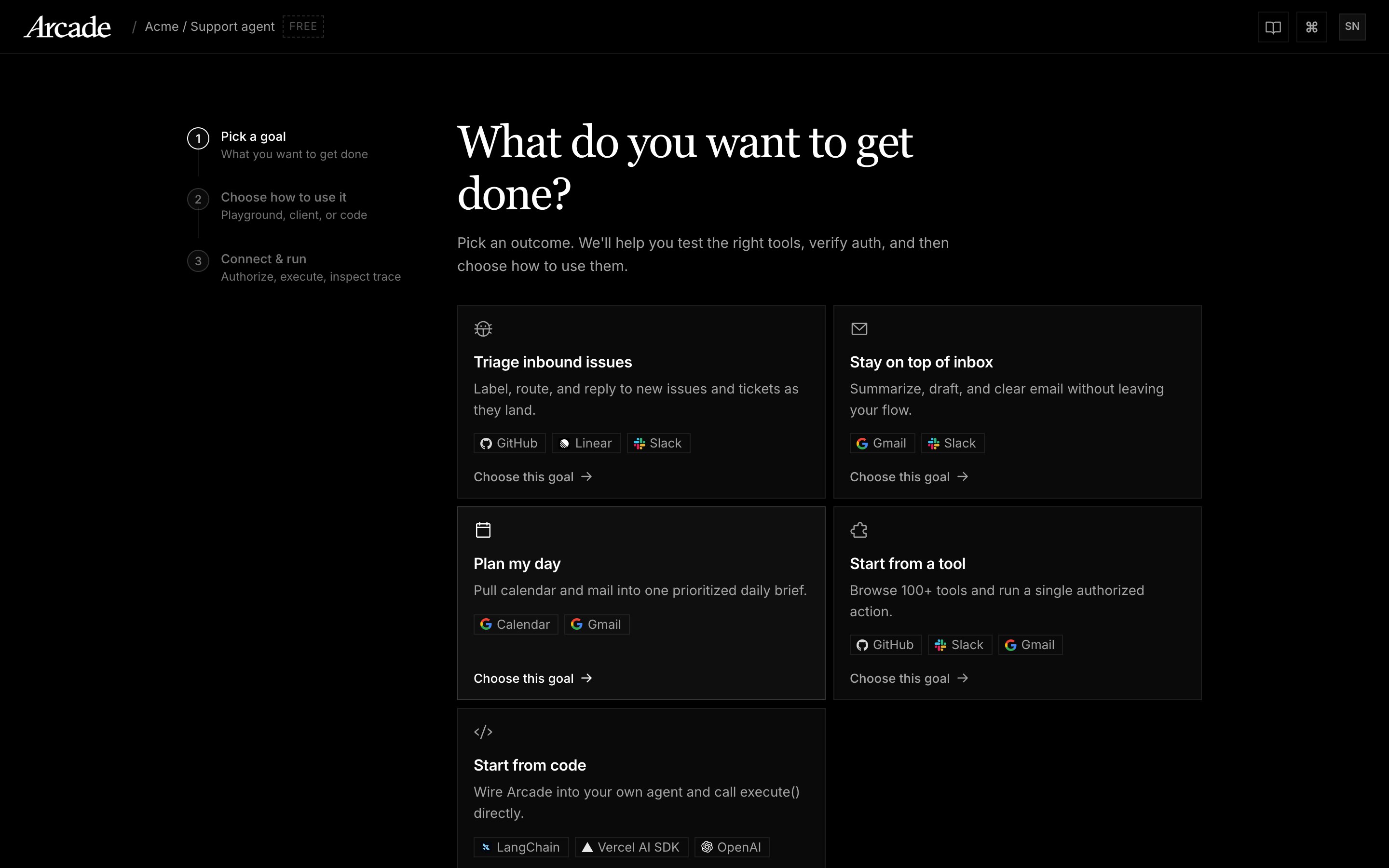 Onboarding step one: What do you want to get done? with five outcome cards.