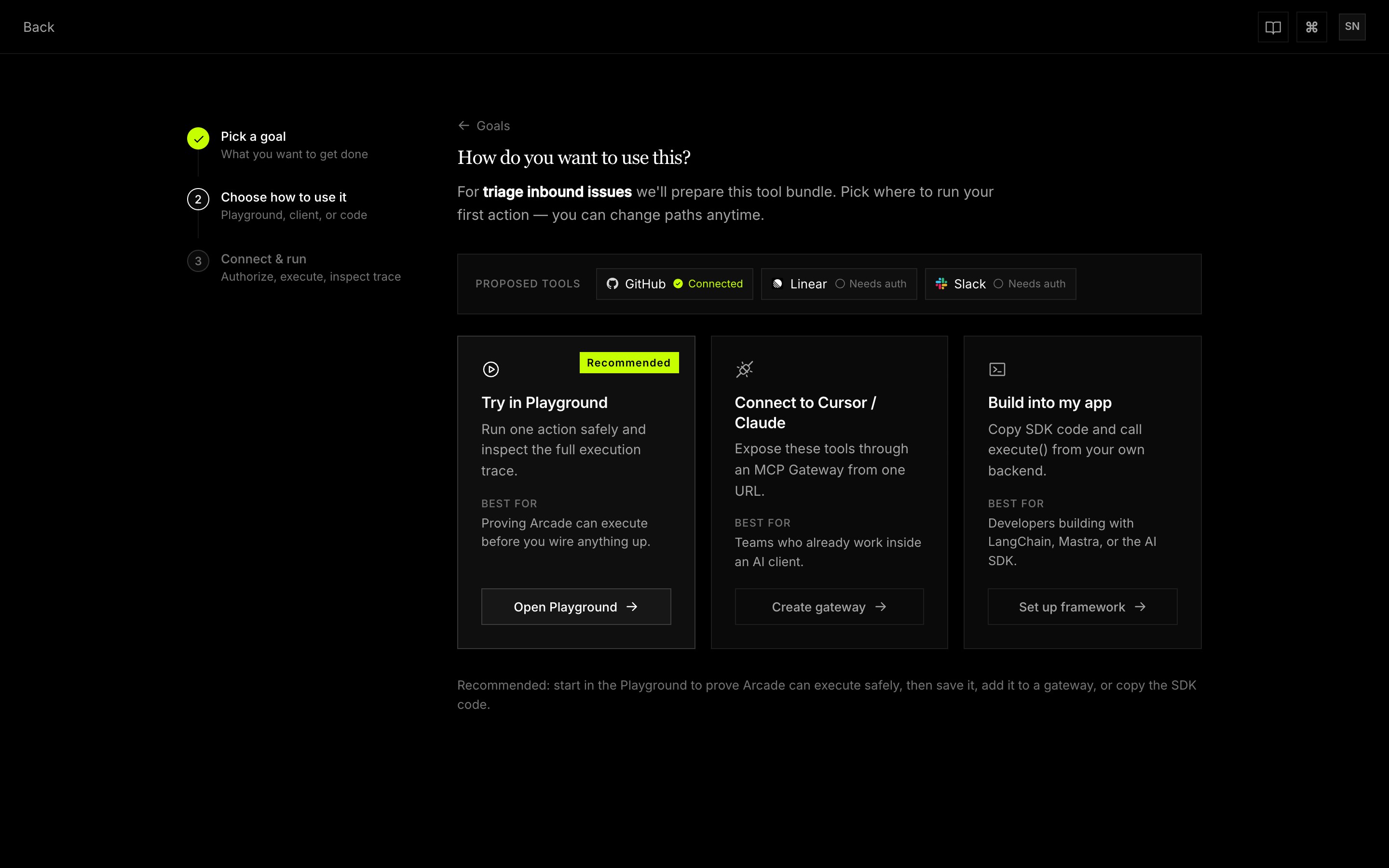 Onboarding step two: choose Playground, MCP gateway or SDK, with the proposed tool bundle and its auth status.