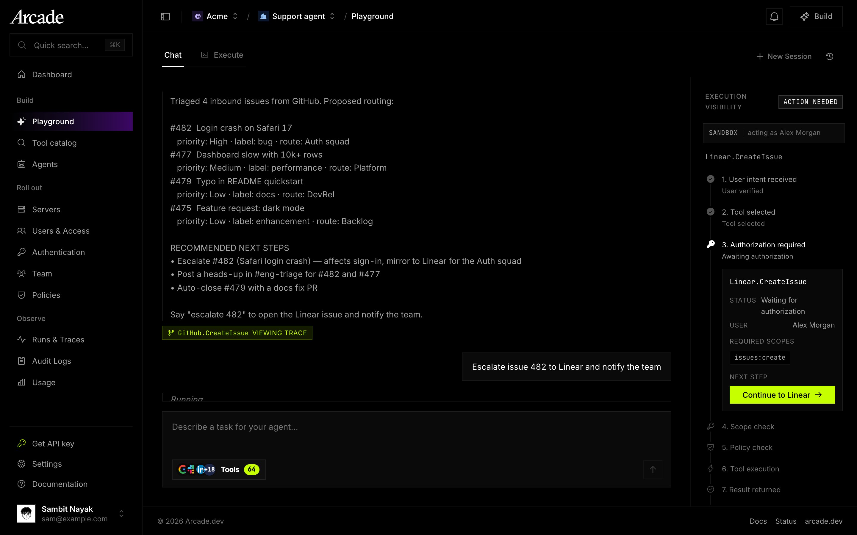 Playground paused at step three, authorization required, showing the user, required scope and a Continue to Linear button.