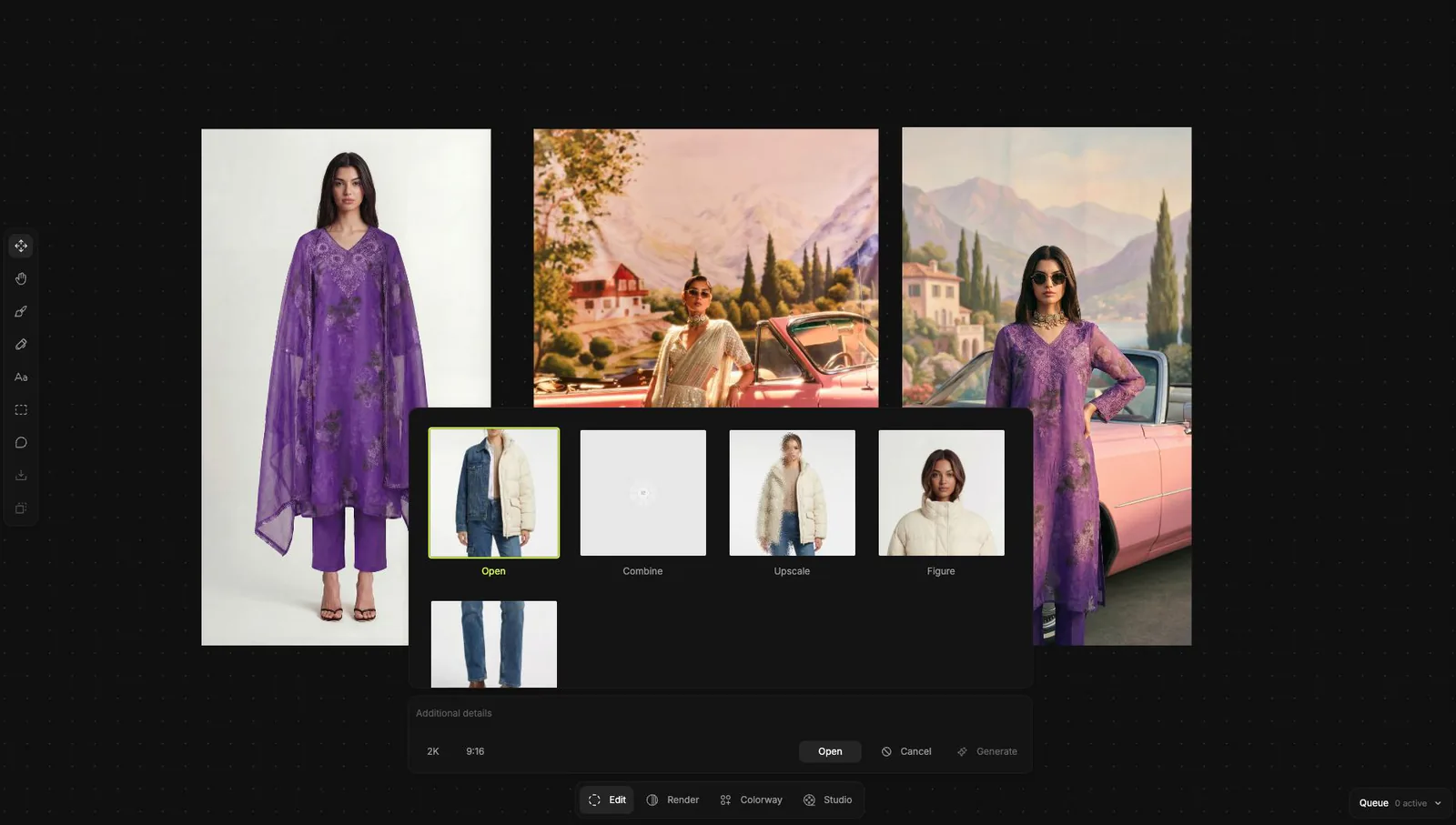 The CotonAI canvas: a fashion board of generated looks with the Modes bar open at the bottom.