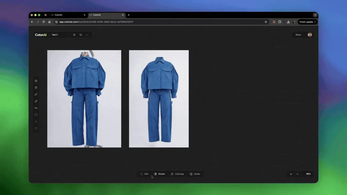 The Figure submode inside Edit mode: a garment beside its on-model try-on.