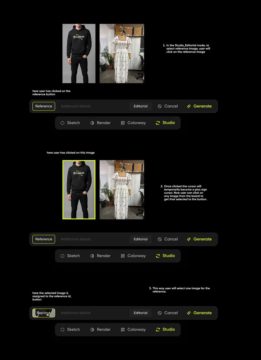 Editorial mode flow, part one: clicking Reference, the board entering assignment state, an image assigned to the slot.