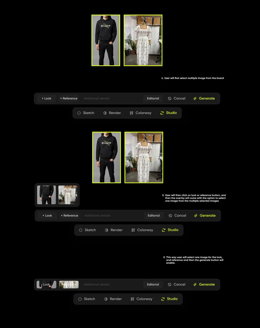 Editorial mode flow, part two: the thumbnail shown in the slot, the button switching to Replace, Generate unlocked.
