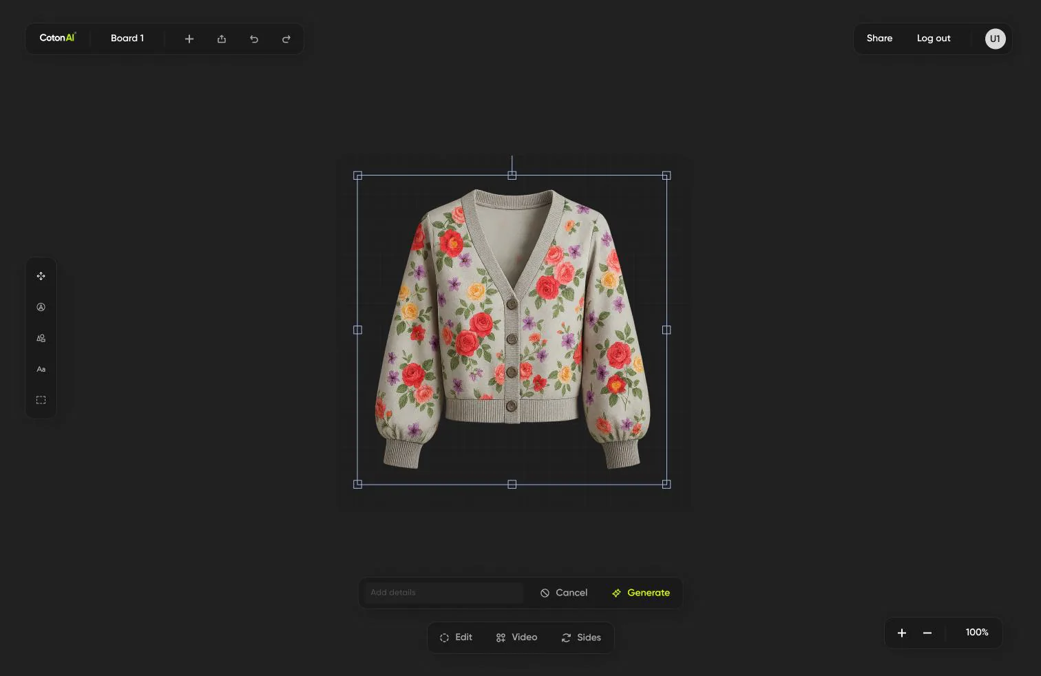 The shipped MVP: a garment on a dark canvas with a single prompt bar underneath.