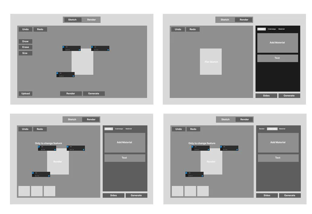 Four grey wireframes exploring the canvas, toolbar and side panel.