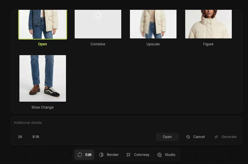 Edit mode open: the selected garment beside Open, Combine, Upscale and Figure options.
