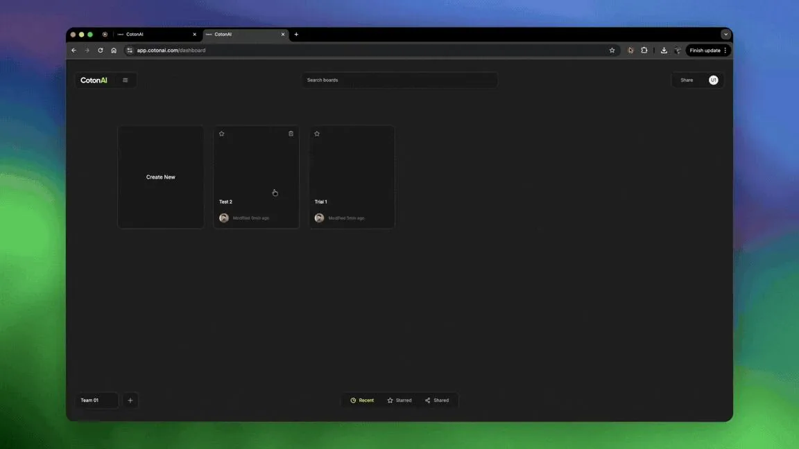 The CotonAI workspace with the Modes bar at the bottom of an empty board.