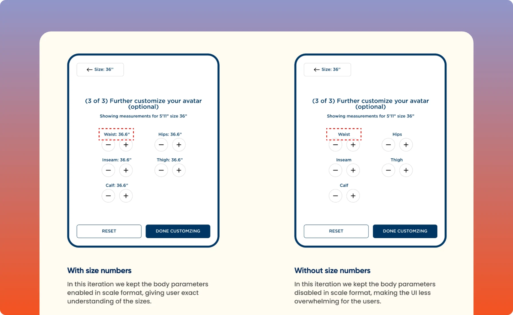 Two versions of the Further customize your avatar screen, one showing size numbers beside each body measurement and one without.