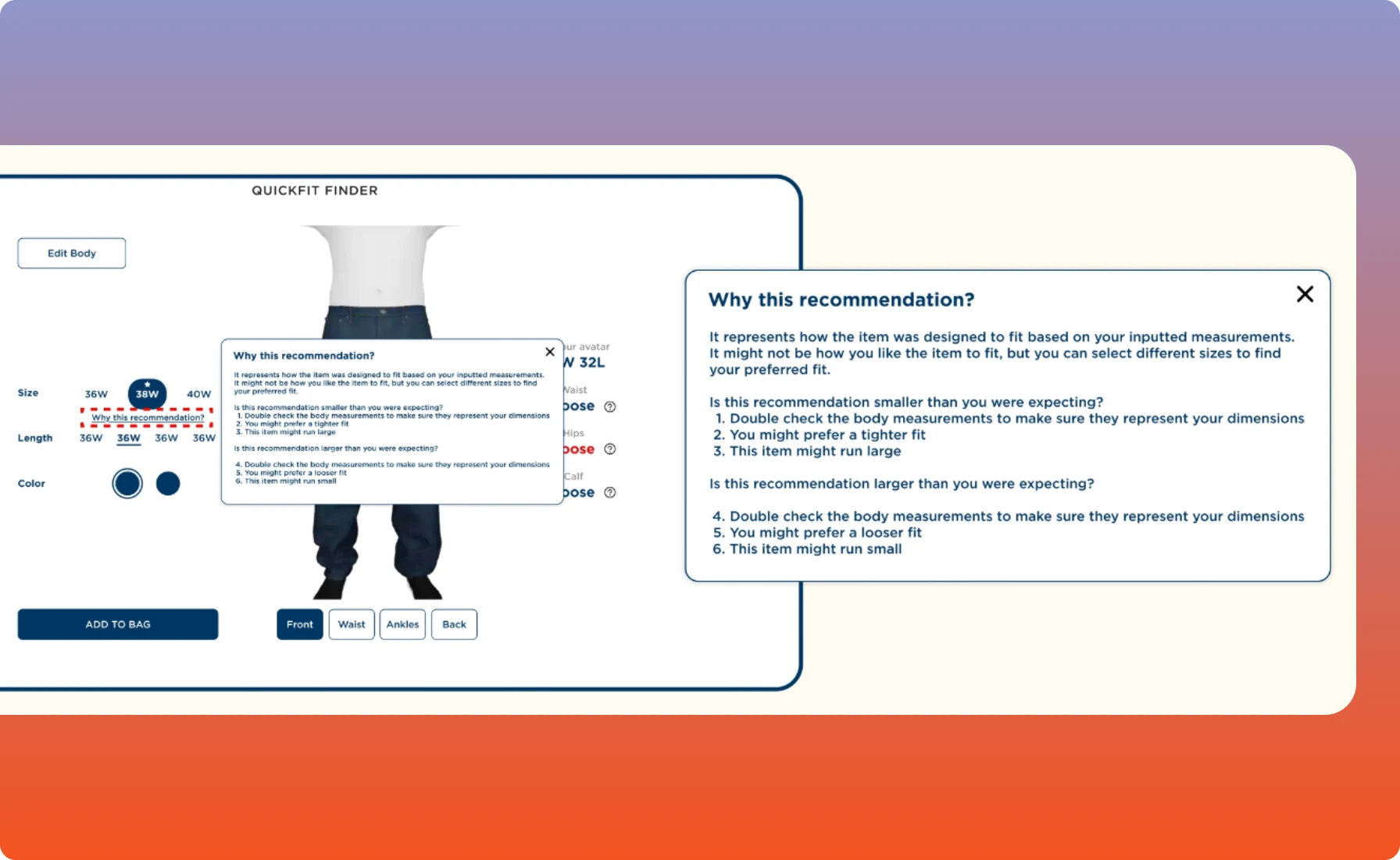 The QuickFit Finder with an open Why this recommendation panel that explains what to do if a size feels too small or too large.