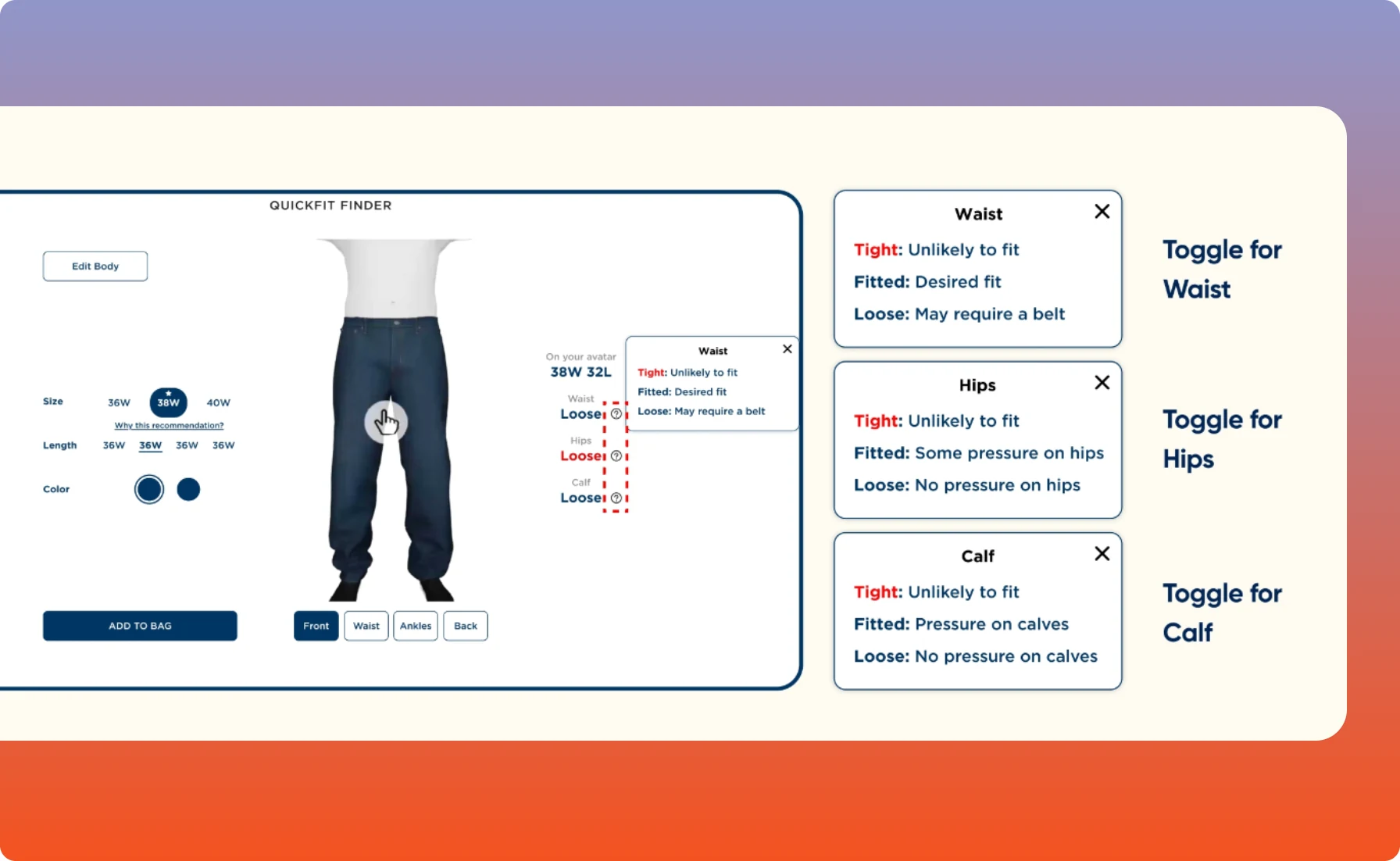 The QuickFit Finder with Waist, Hips and Calf fit descriptors that explain what tight, fitted and loose feel like.