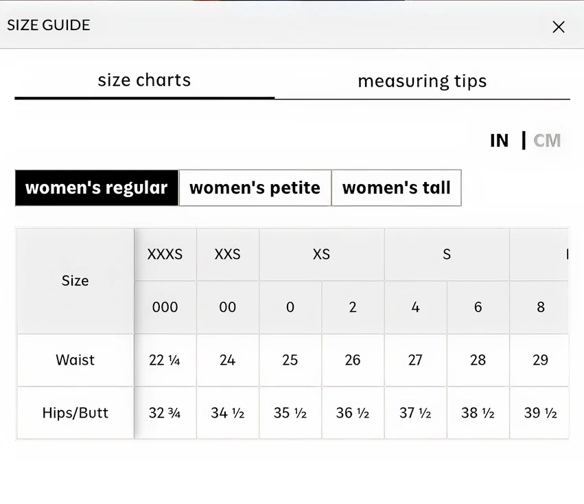 Gap size guide for women's jeans, with women's regular, petite and tall tabs and a table of waist and hip measurements in inches for each size from XXXS to S.