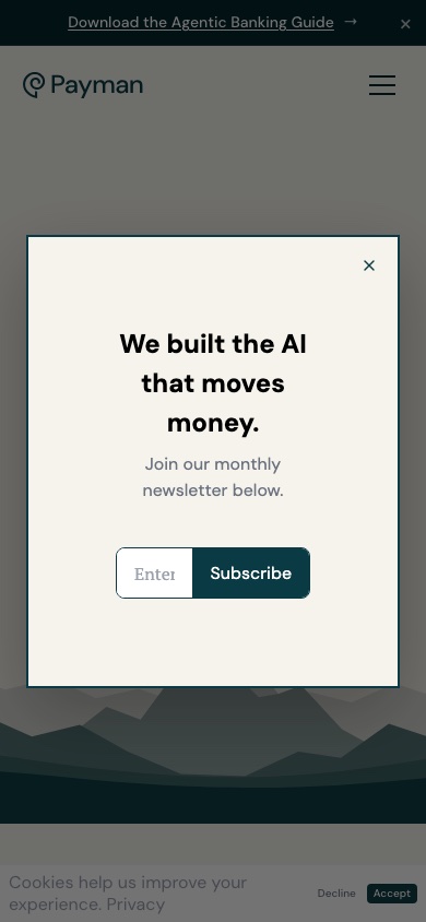 The live paymanai.com on a phone: the newsletter pop-up with its email field clipped to the word Enter.