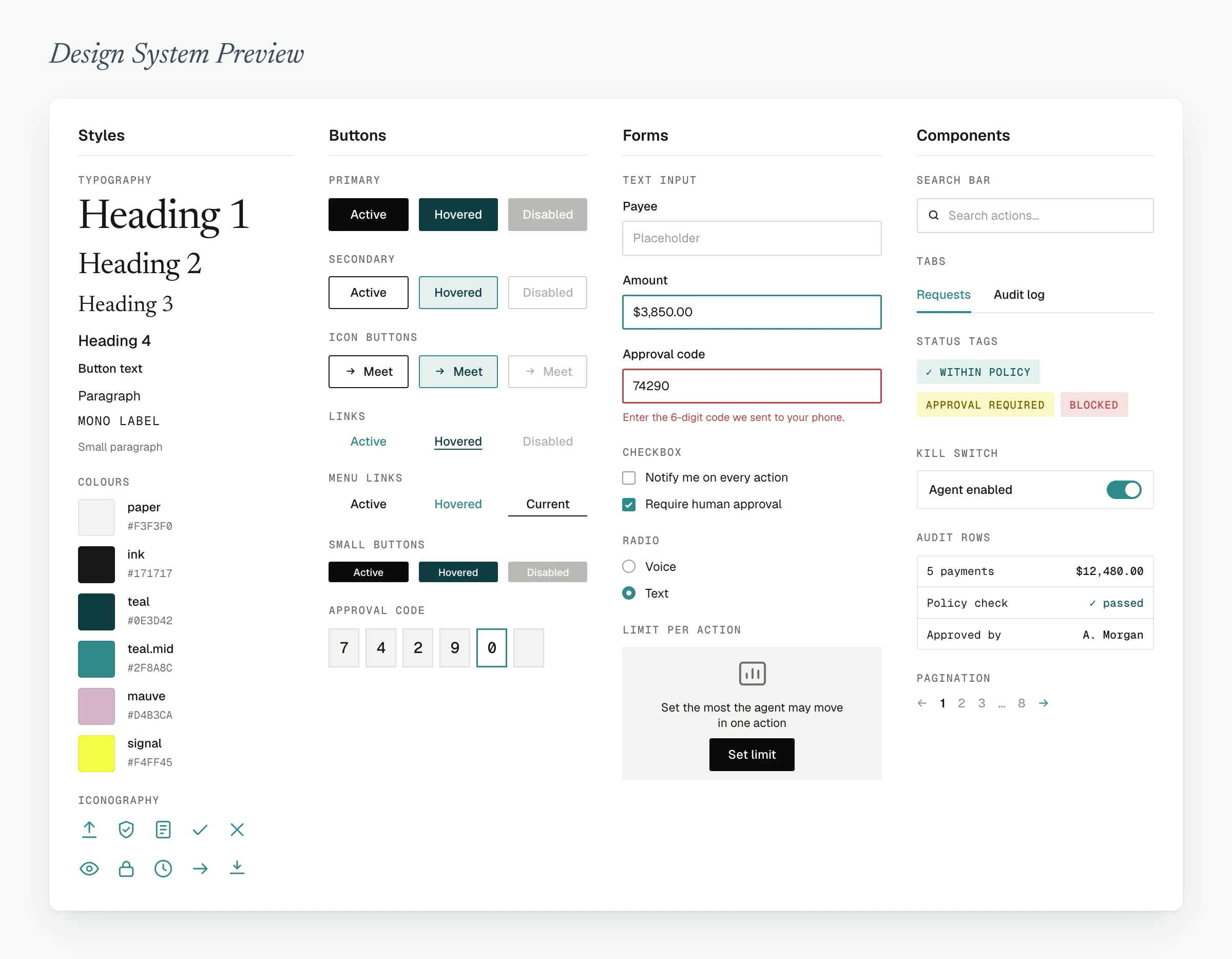 Design system preview: typography, colour tokens and icons; buttons in active, hovered and disabled states; form inputs, checkboxes and radios; and components such as status tags, the kill switch and audit rows.