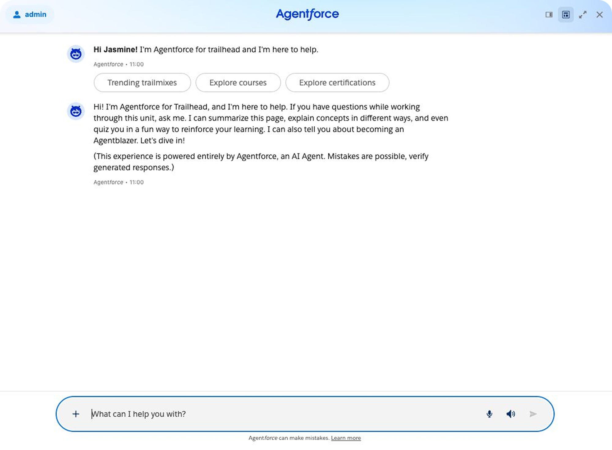 Solve main interface: a greeting, three suggested starting points and a message field.