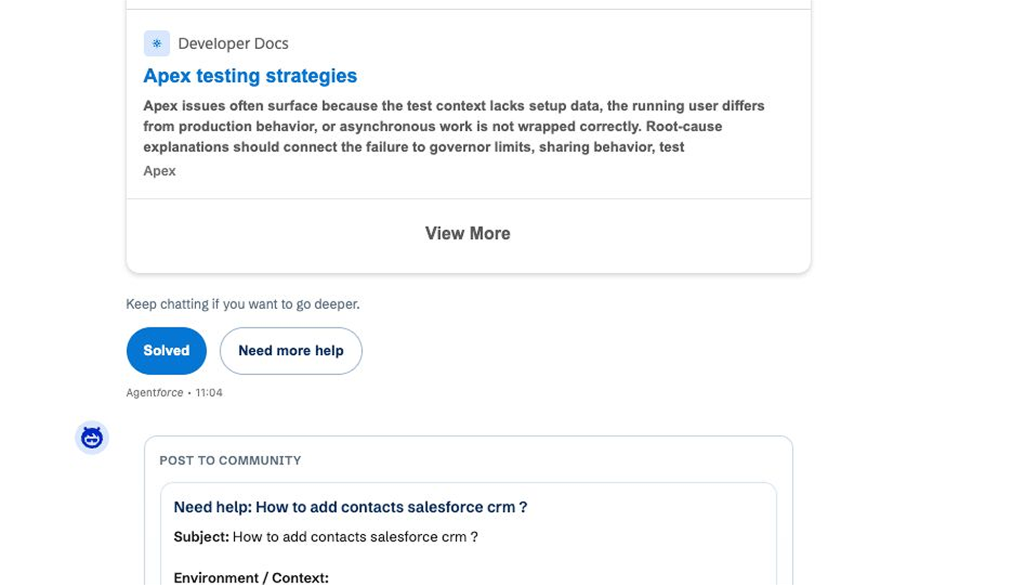 Solve offering Solved or Need more help, then a drafted post to the community.