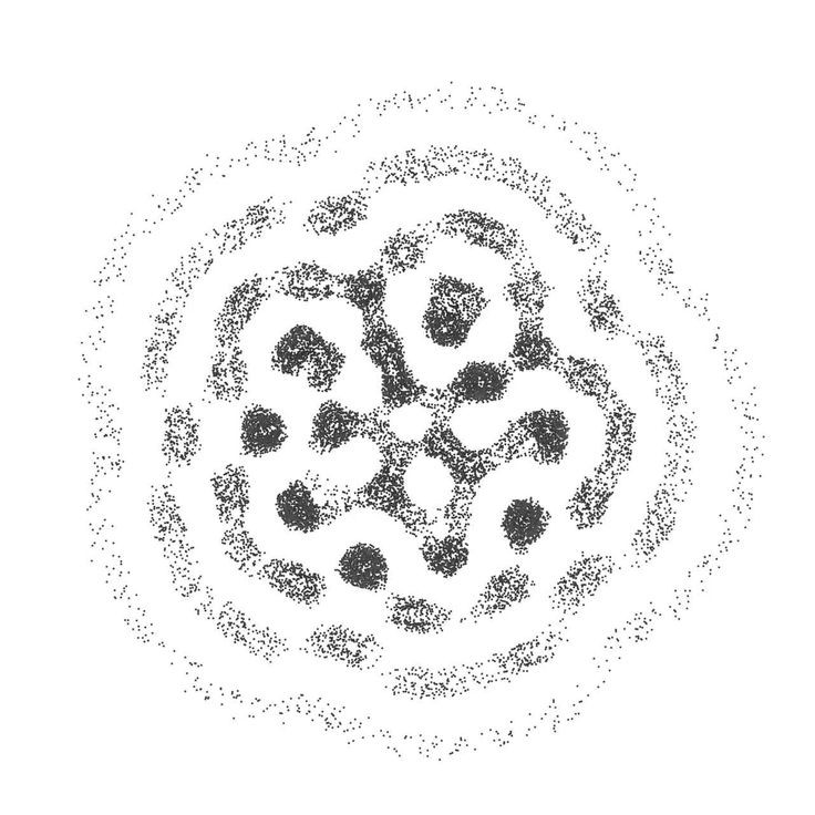 Dark stippled rings and clusters of dots radiating from a central knot, like a map of connected memory