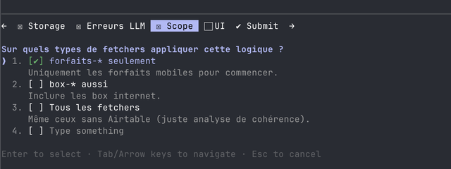 Claude Code asking clarifying questions, with a list of options and a type-something field.