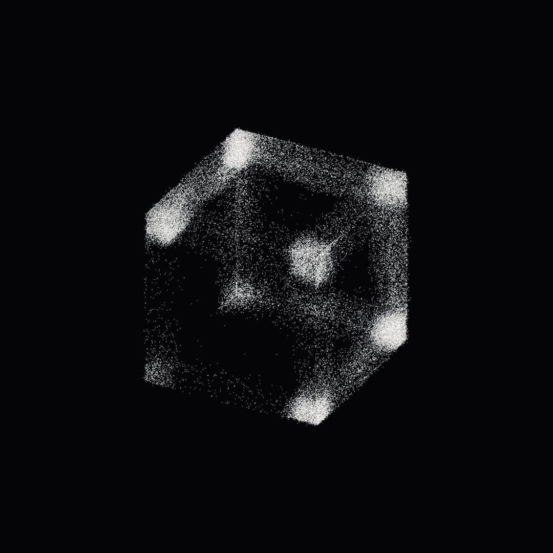 Cube of white particles on black, with dense glowing clusters at its corners and a sparse, uncertain interior